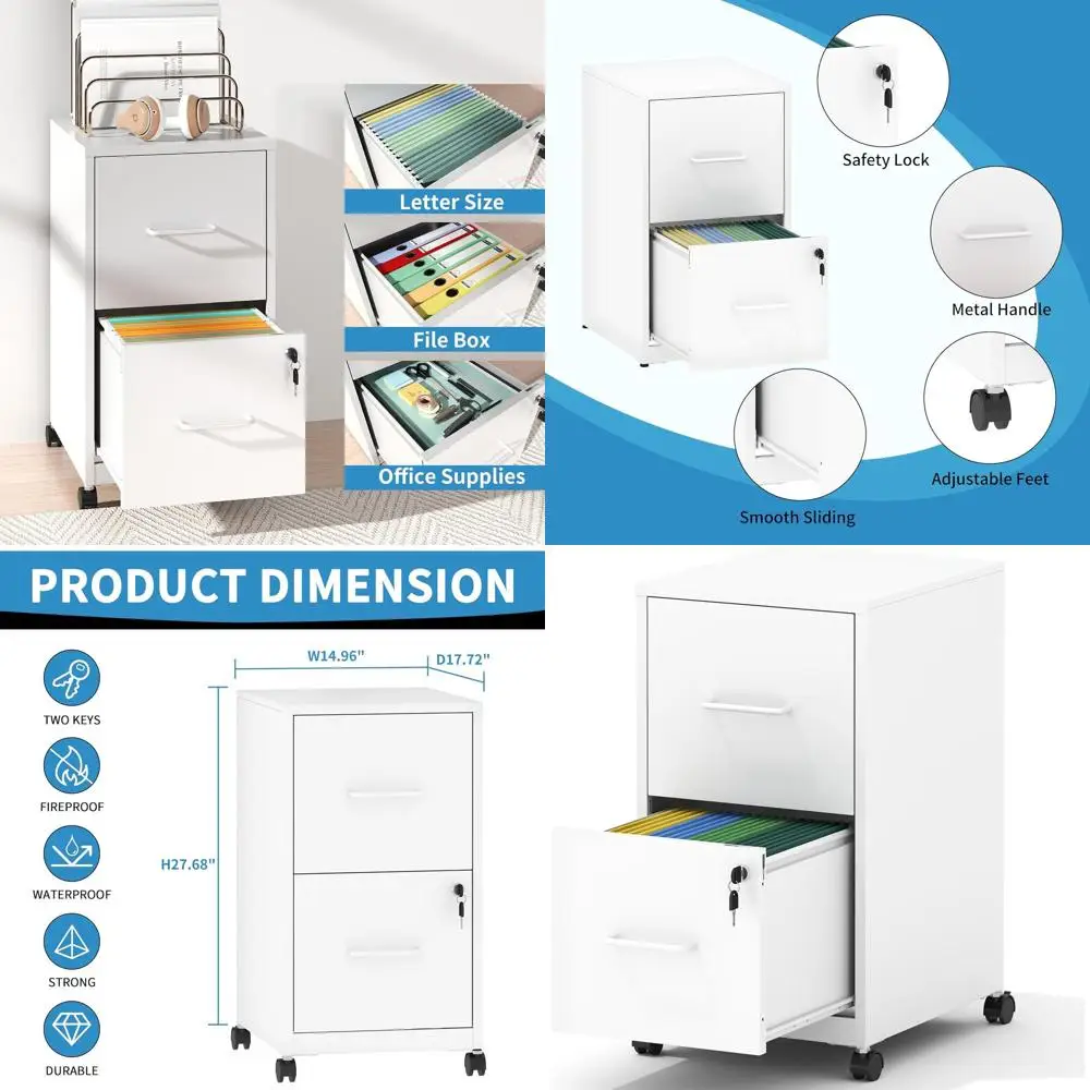 

White Metal 2-Drawer Rolling File Cabinet with Lock and Wheels for Home Office, Suitable for Legal/Letter Files
