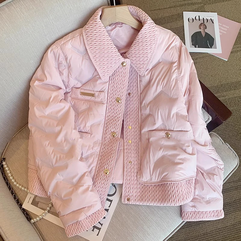 Pink Cotto nCoat for Women Patchwork Striped Long Sleeve Casual Padded Jackets Spring Fall Female Leisure Commute Quilted Jacket