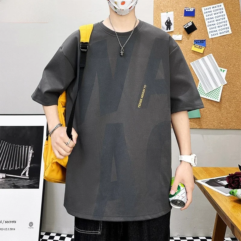 

Summer Fashion Hong Kong Style Men's round Neck Short Sleeve T-shirt plus Size Loose Pure Color Body Tee Breathable Polyester...
