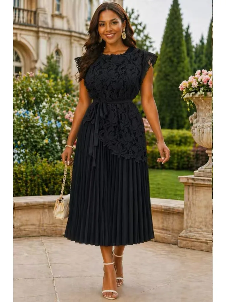Miyake 2026 New Celebrity Light Luxury Slim and Thin Lace Splicing Two-piece Set Medium and Long Pleated Dress Set