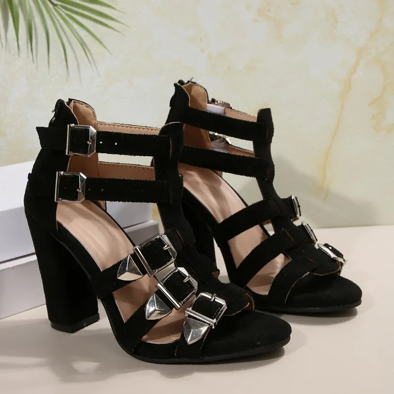

New Summer Cutout Temperament Sandals Women's Round Toe Open Toe Suede Metal Buckle Back Zipper Bag Heel Pump Shoes
