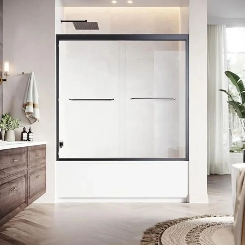 

Black Sliding Bathtub Shower Door 56-60 in W x 57 in H, Adjustable Semi-Frameless Glass Door for Tub Shower