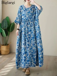 Oversized Flower Floral Summer Long Dress Women Pleated Loose Ruffle Modis Casual Ladies Dresses Short Sleeve Woman A-Line Dress