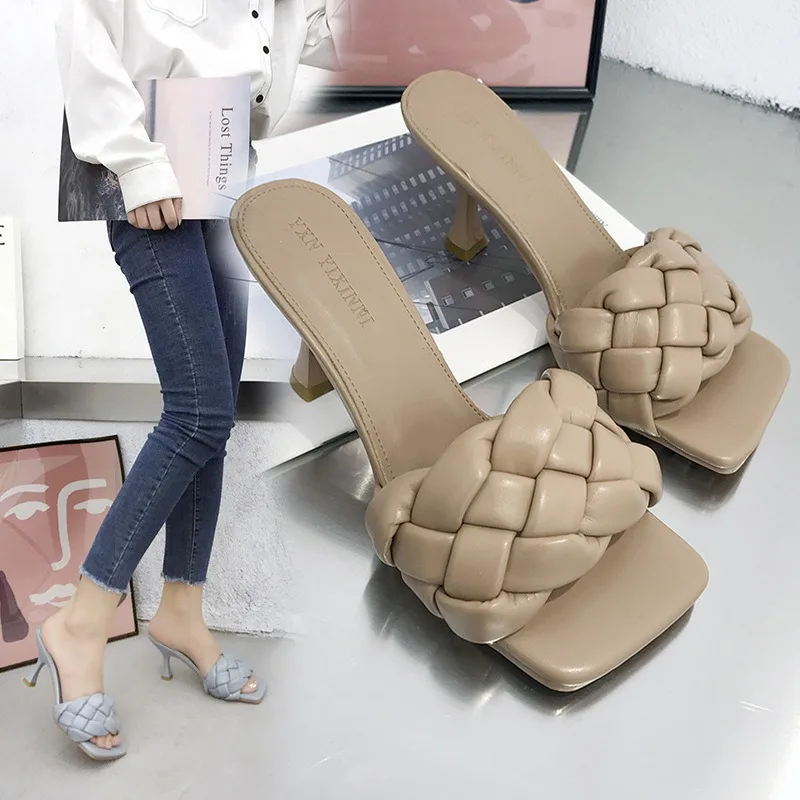 Summer Fashion Women's Square Woven Slippers Luxury Designer Striptease Sandals Comfortable Office Stiletto Women's High Heels - view 2