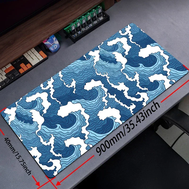 Blue Waves Mouse Pad Gamer Custom Large New XXL Anti-Slip Wear-Resistant Rubber Bottom with Stitched Edge Keyboard Mat 400x900mm