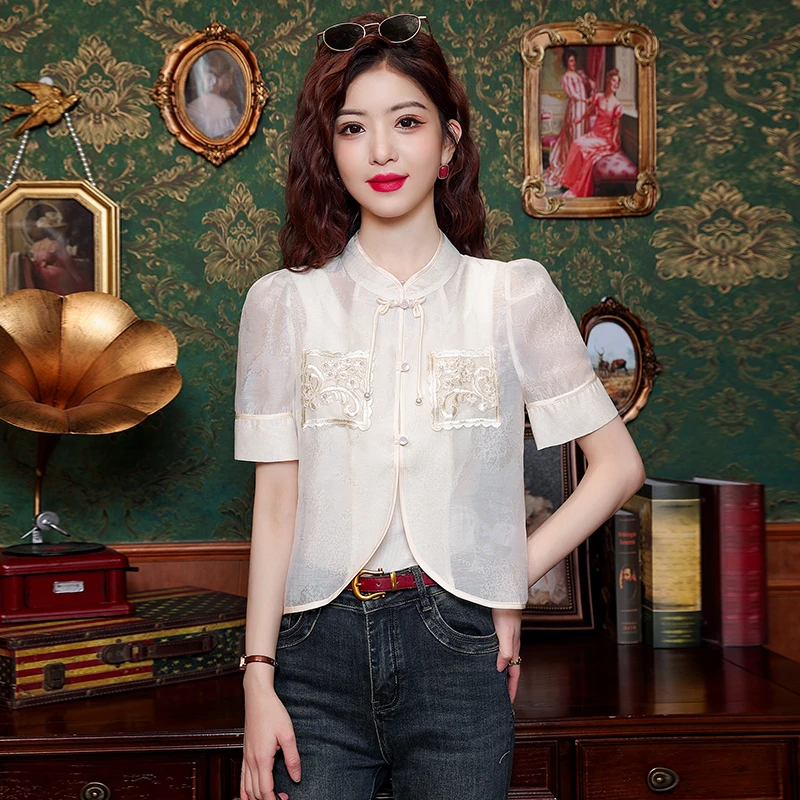 Fashion Short Sleeve Women Shirt Embroidery Stand Collar Chiffon Shirt Blouse Women Tops Blusas Mujer De Moda 2024 Verano H648