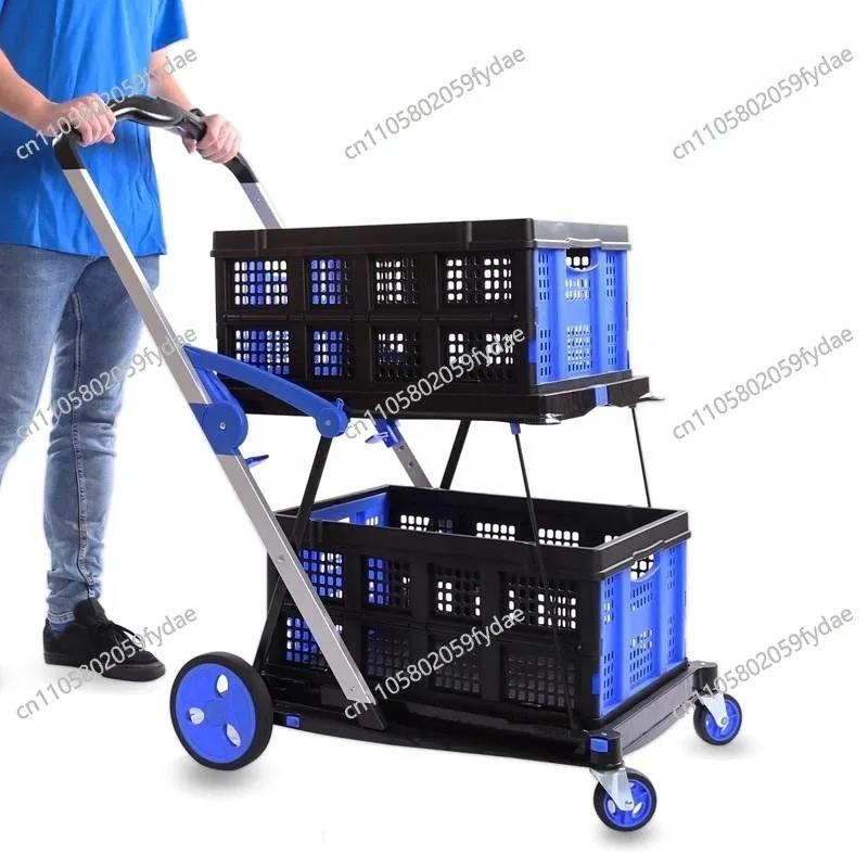 Folding  Cart, Two Tier Collapsible Cart with One Crate, Heavy Duty Utility Cart with Multiple Uses Folding Trolley