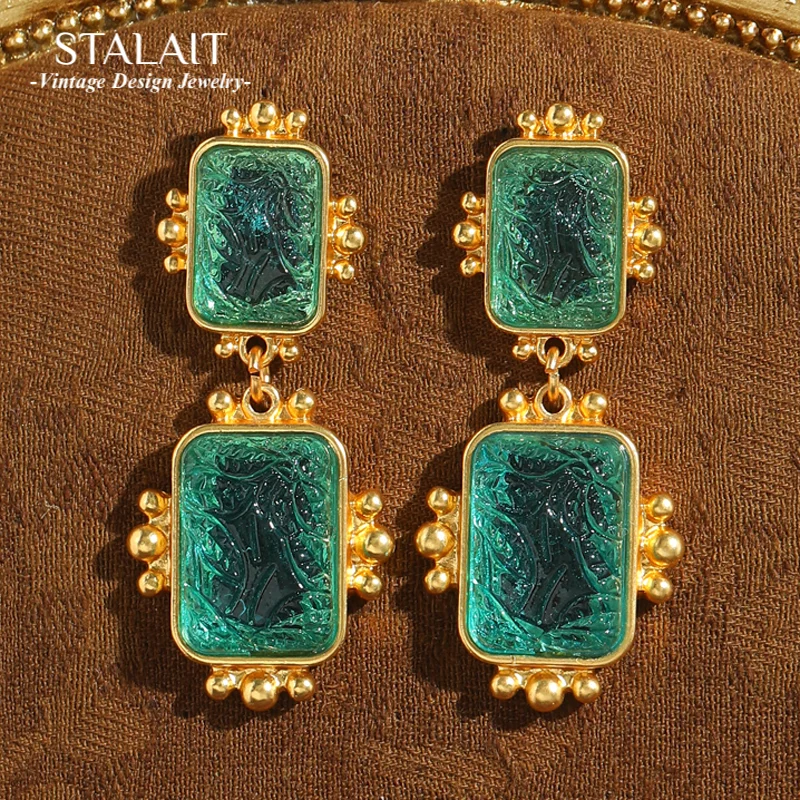 

Vintage Square Glass Drop Earrings High Quality Luxury Brand Coconut Tree Gold Color Designer Jewelry Wedding Palace 2025 Trends