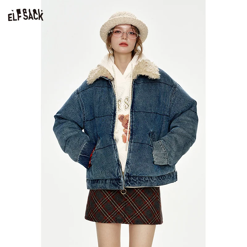 ELFSACK 2024 Winter New Arrivals Retro Fake Fur Collar Denim Blue Thickened Short Jacket Women