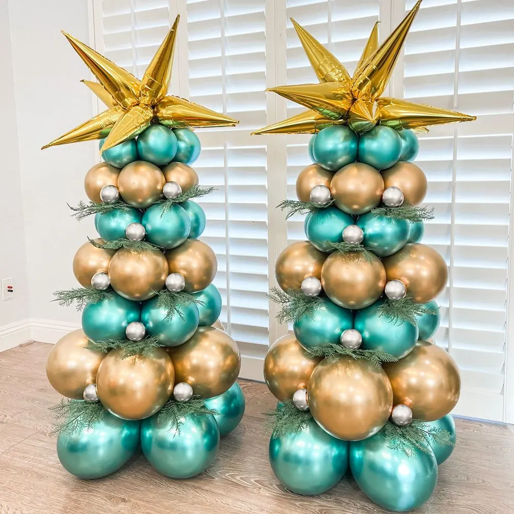 62Pcs Christmas Tree Balloons Arch Star Starburst Foil Metal Green Silver Gold Balloons Christmas Tree for Christmas Party Decor