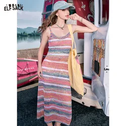 2024 Summer ELFSACK New Arrivals Sweet colorful striped holiday style slim knitted suspender dress for women