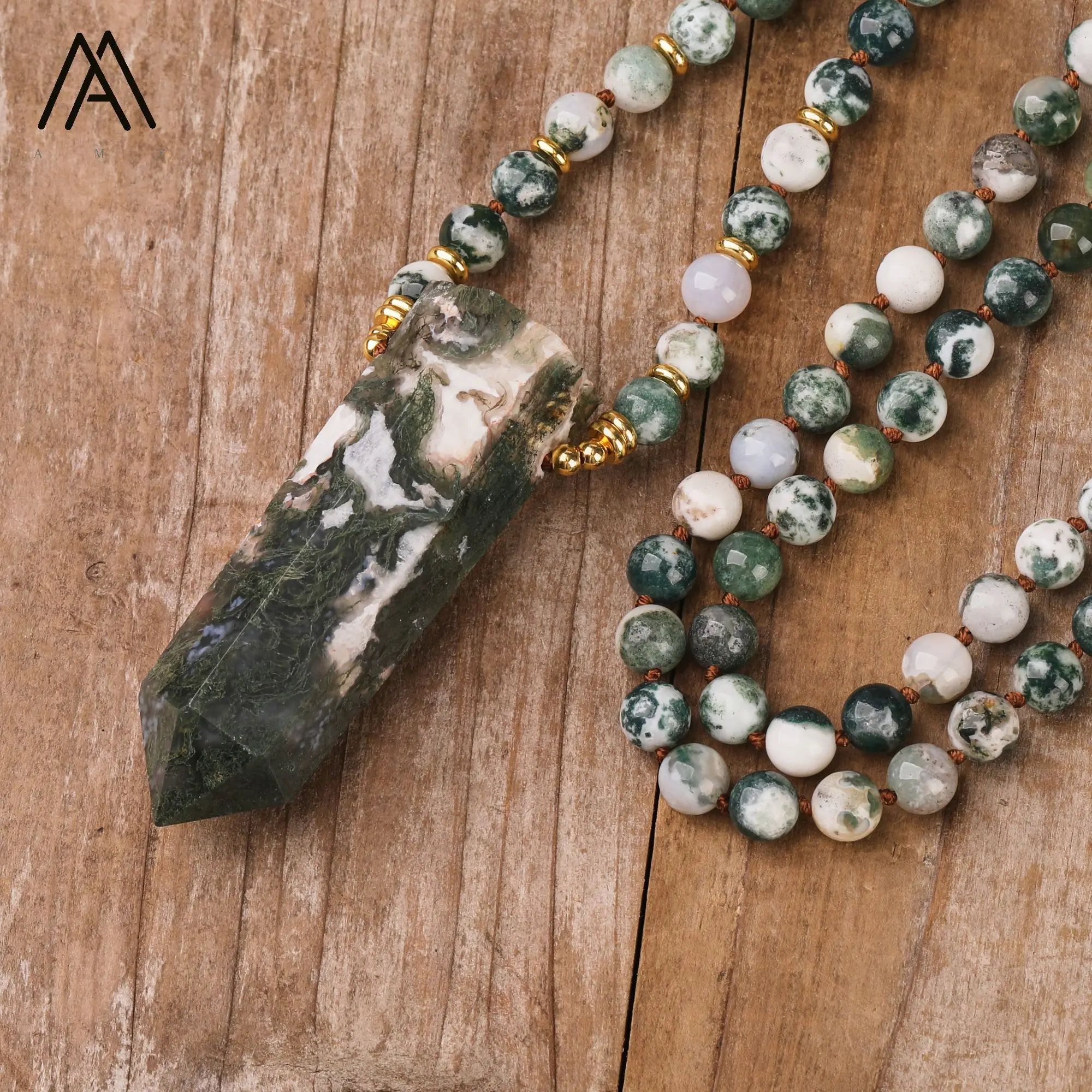 Natural Moss Agate Round Mala Necklace Healing Women Yoga Meditation Necklace Handmade Jewelry Gifts