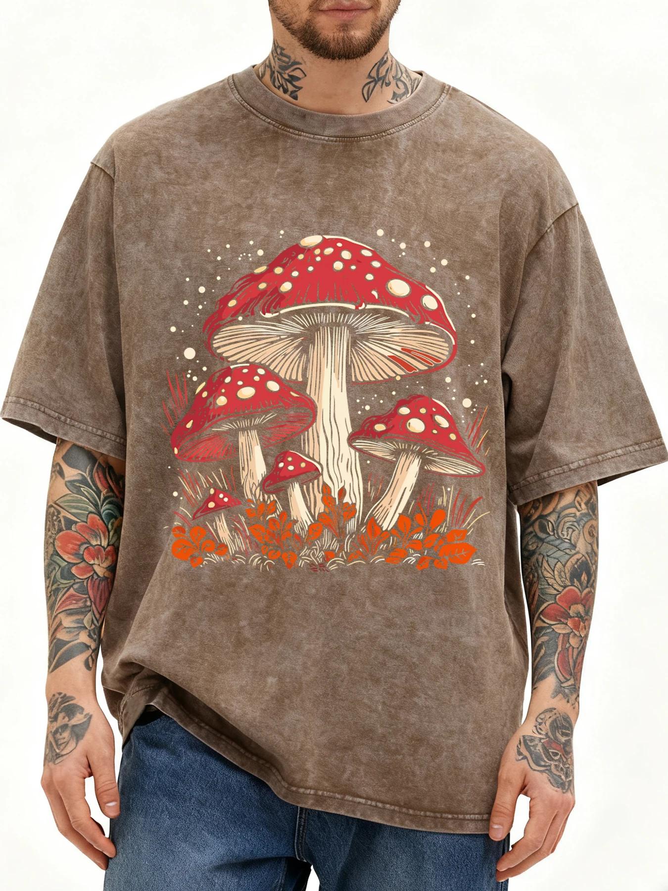 Roter Pilz Persönlichkeit Grafikdrucke gewaschen Herren T-Shirt weiche Baumwolle Kurzarm Hip Hop Sommer Kleidung Mode lose Top