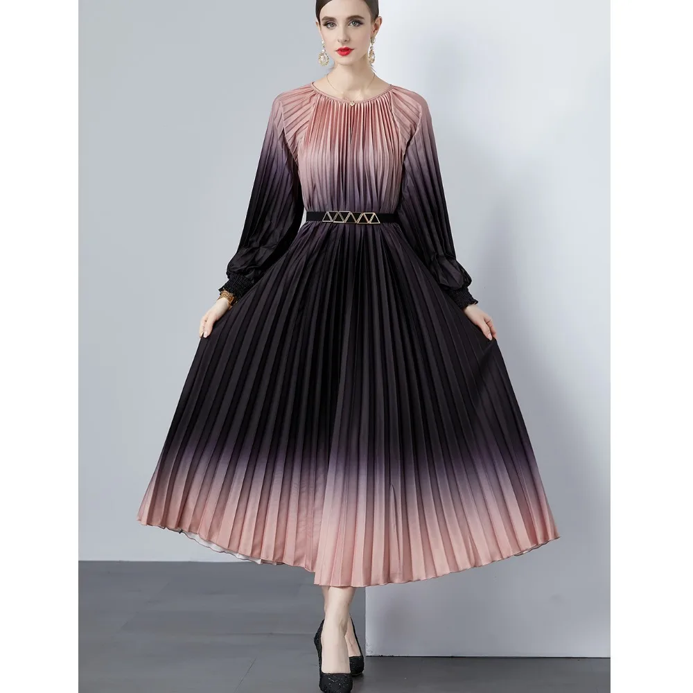 2024 신상 여성 드레스 아코디언 플리츠 슈퍼 롱 스커트 루즈핏 허리 라운드넥 X라인 미디 기장 폴리에스터 섬유