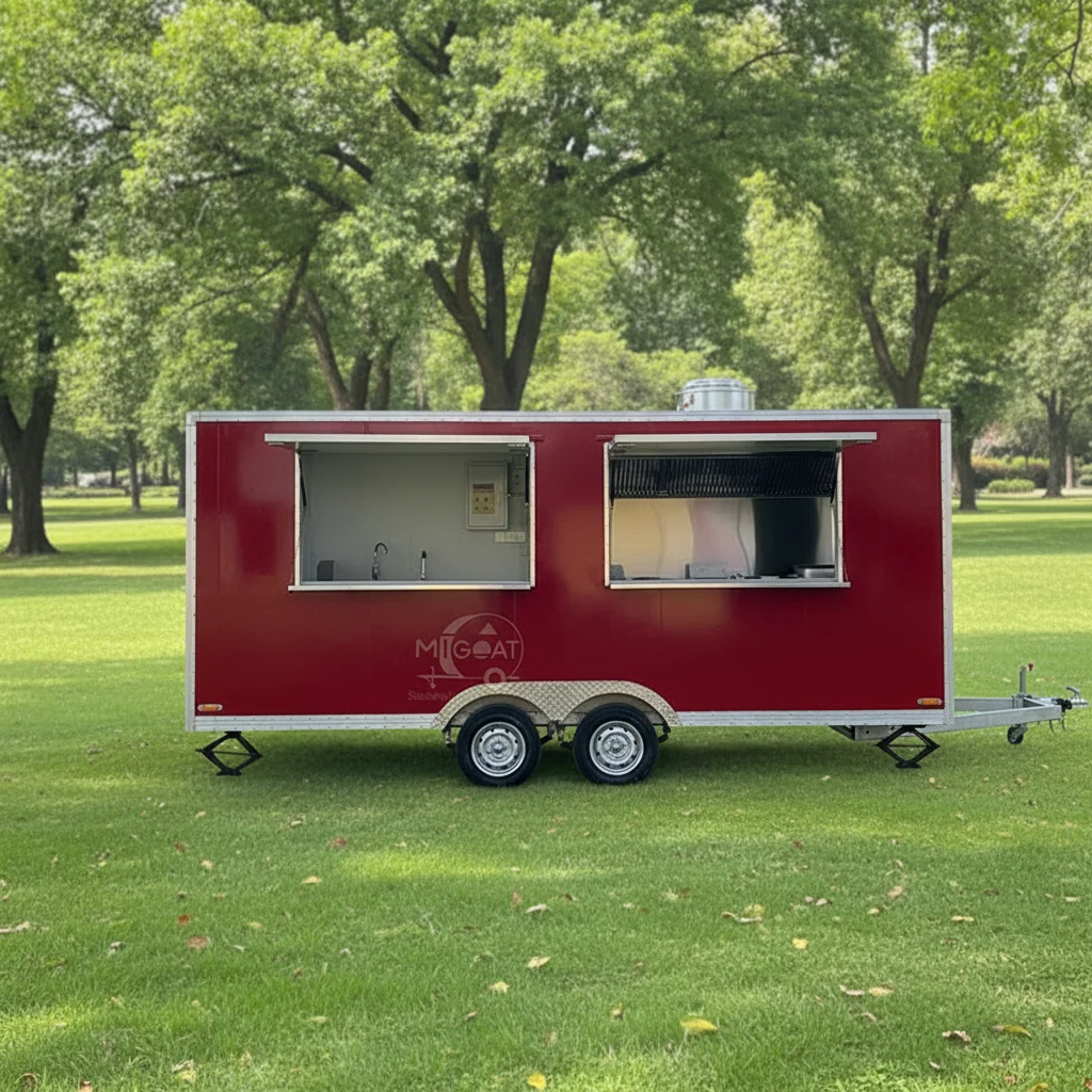 

Red Square Dual Axle Stainless Steel Interior Dual Windows Range Hood Mobile Food Trailer for Outdoor Catering