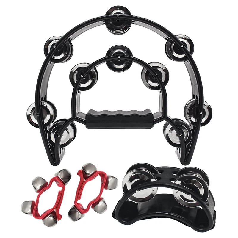 Double Row Tambourine Foot Tambourine Set, Half Moon Tambourine Metal Jingles Hand Held Percussion with Band Wrist Bells