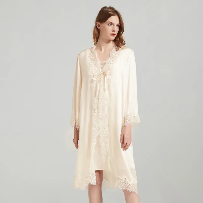 Lace Trim Silk Robe Nightgown 2 Piece Set Women 19 Momme 100% Pure Mulberry Silk Sexy V Neck Bridal Sleepwear Elegant Home Dress