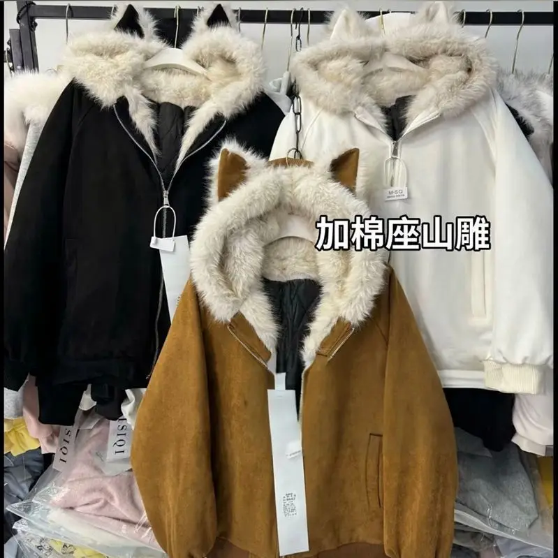 New Vintage Cute Cats Ears Hair Coat Women Winter Jackets Hoodies Cotton Jacket Warm Couples Thickened Women Clothing