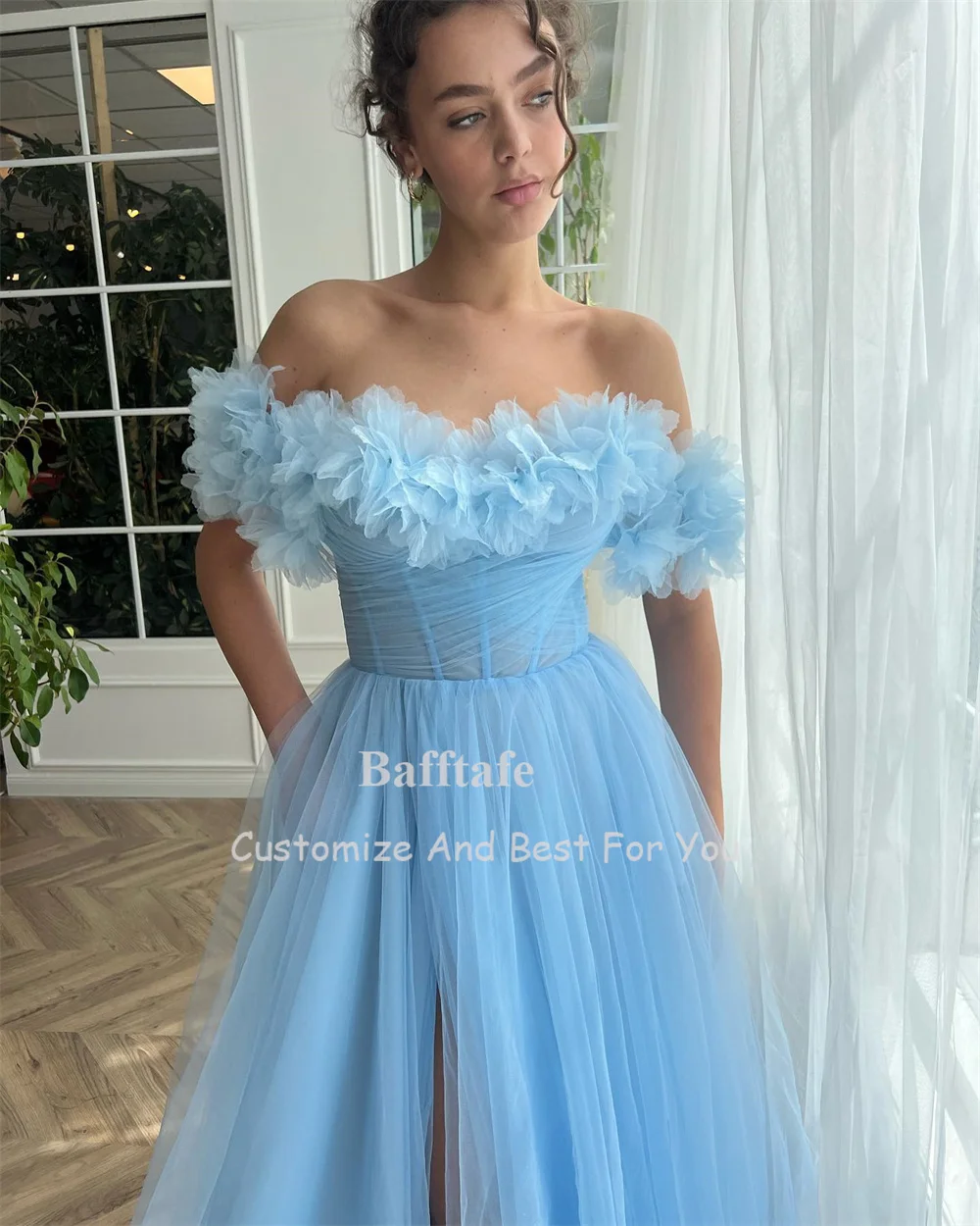 Bafftafe Blue Soft Tulle Long Prom Dresses Ruffles Formal Evening Party Dress A Line Split Special Occasion Gowns Women Wear