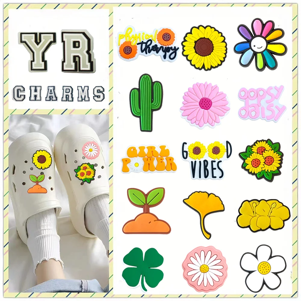 

Hot 1pcs cartoon sunflower shoe Charms clogs Aceessories for Sandals pins Decorate girls kid Gifts