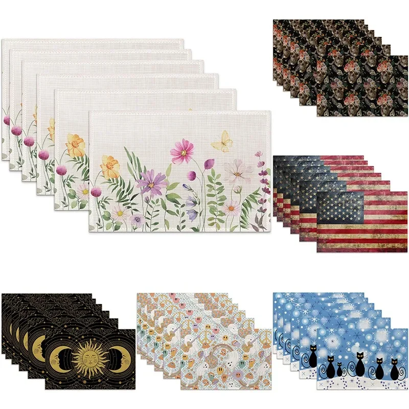 Wildflower Pattern Butterfly Flower Multi-Style Pattern Printed Linen Placemats for Kitchen Dining Picnic Party Decoration