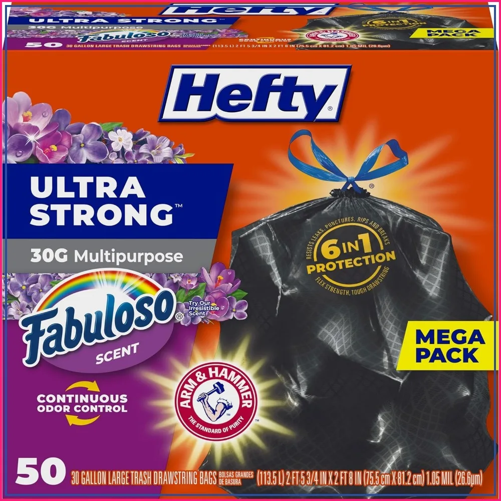 

30 Gallon Trash Bags, Large Garbage Bags, Break Resistant Drawstring, Odor Control, 50 Count