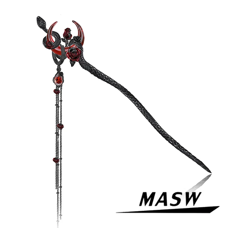 MASW Original Design 2025 Trend Cool Red Flower Black Snake Tassel Hairpin For Women Girl Hair Accessories Popular