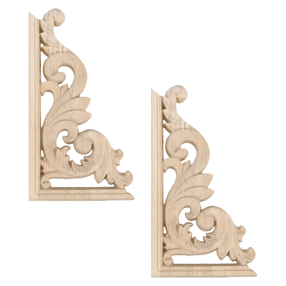 2 Pcs Solid Wood Long Flower Piece Home Decor Carved Onlay Wooden Decal for Furniture Corner European Style Chic Applique