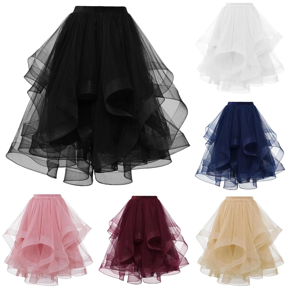 Fashionable Layered Tulle Midi Skirt Women Asymmetrical Ruffle Elastic Waist Fairy Tutu Elegant Evening Prom Wedding Wear