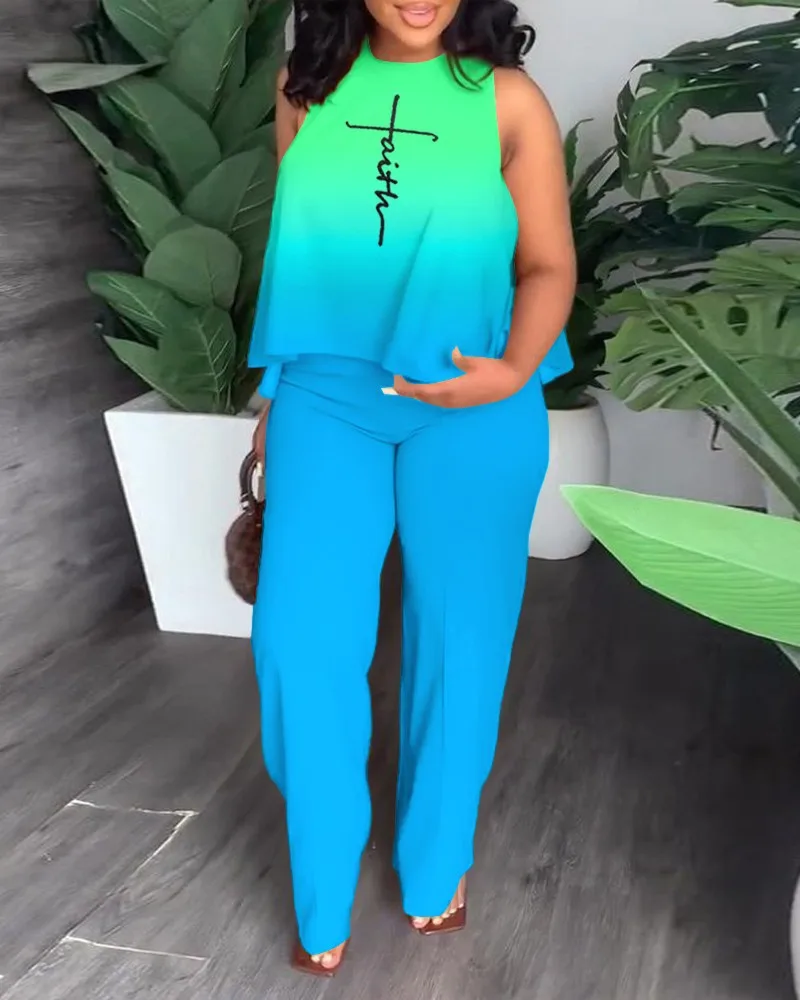 

Women's Fashion Printed Two Piece Sets Summer O Neck Sleeveless Shirt & Wide Leg Pants 2pcs Set Elegant Female Casual Suits