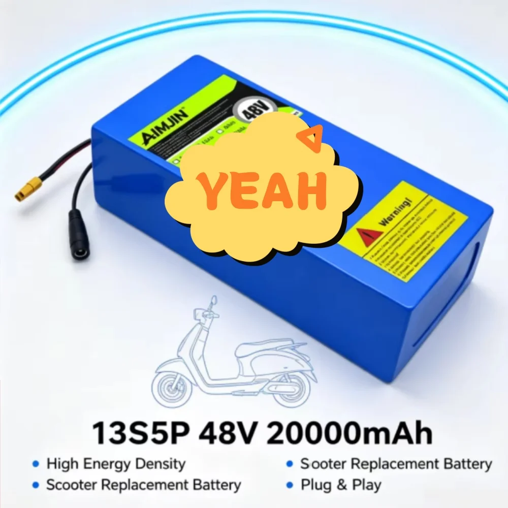 48V 20Ah 13S5P 18650 Lithium Battery Pack with Built-in BMS for 1000W E-Bike Electric Scooter Rechargeable Li-ion Battery
