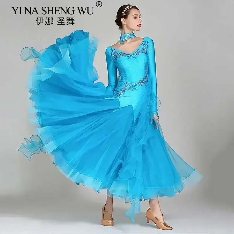 Woman Modern Dance Dress Ballroom Dancing Competition Clothes Waltz Performance V Neck Fluffy Hemline Dress Long Sleeves Dress