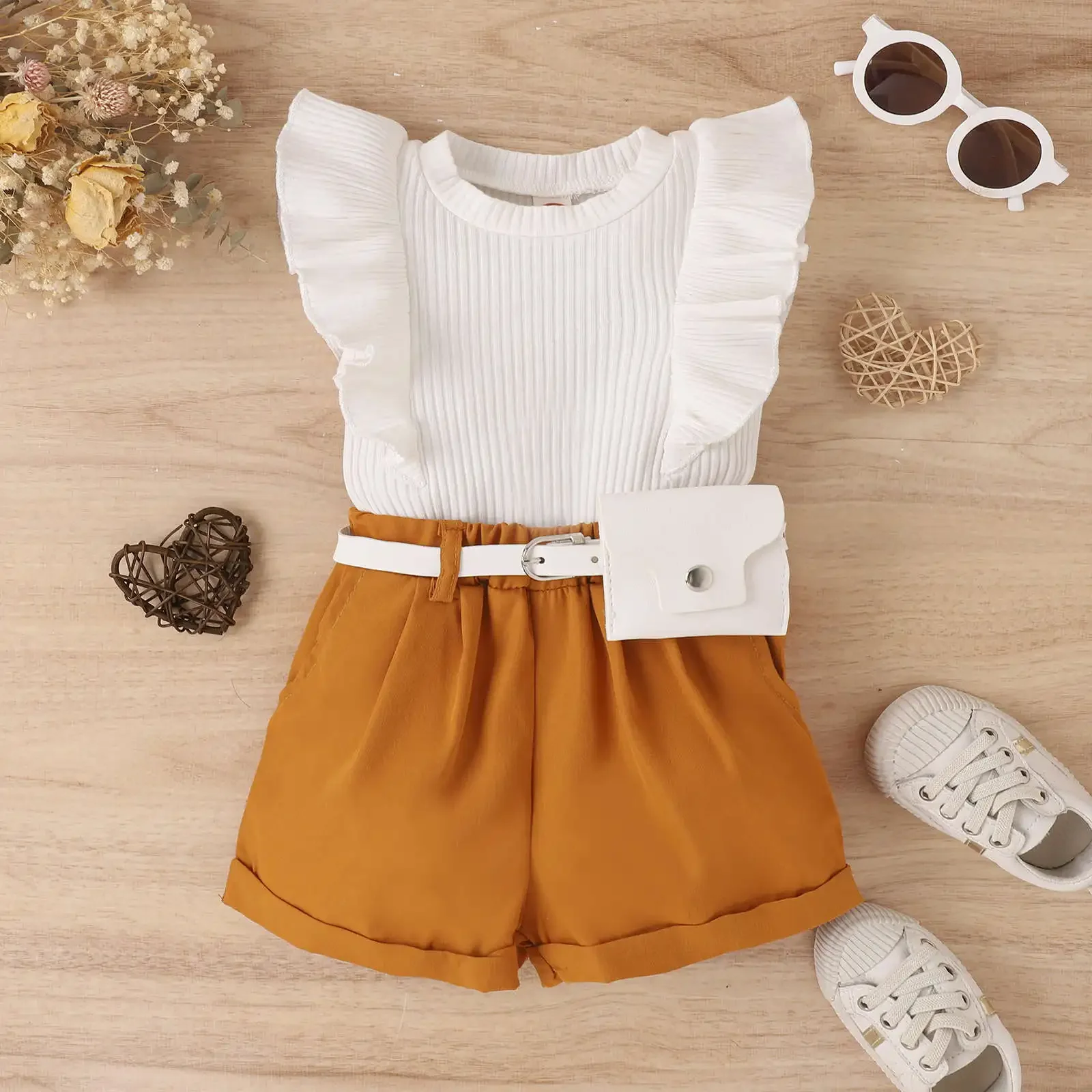 Conjunto de ropa para niña, Top corto liso con cuello redondo, pantalones cortos y Bumbag, ropa informal de verano, novedad de 2024