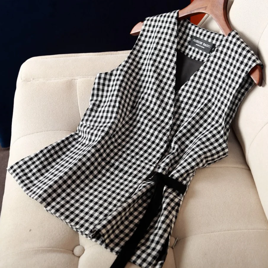 

summer cotton linen plaid vest women vintage sleeveless v-neck short top