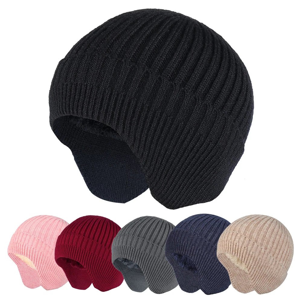 Gorro cálido grueso de invierno para hombre y mujer, protección para los oídos, gorro de punto de terciopelo, gorro cálido a prueba de viento para