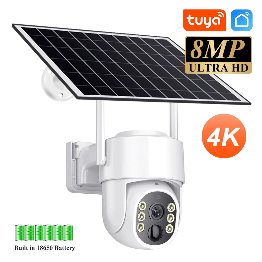 WiFi PTZ Camera Outdoor Wireless Solar IP Camera 8MP 4K Built-in Battery Video Surveillance Camera Long Time Standby Tuya APP