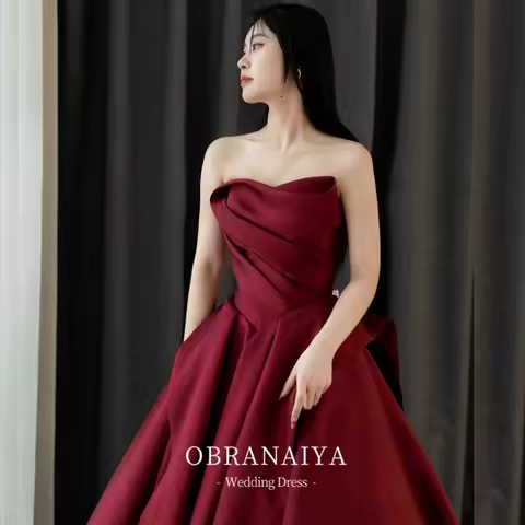 party dresses women evening satin strapless host evening dress female banquet temperament bride toast wine red prom dresses