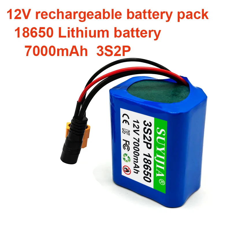 12V Rechargeable Lithium Battery Pack 18650 3S2P 7000mAh BMS Power Tool Battery Optional XT60/DC M+F/T-PLUS/SM/2Line Connector