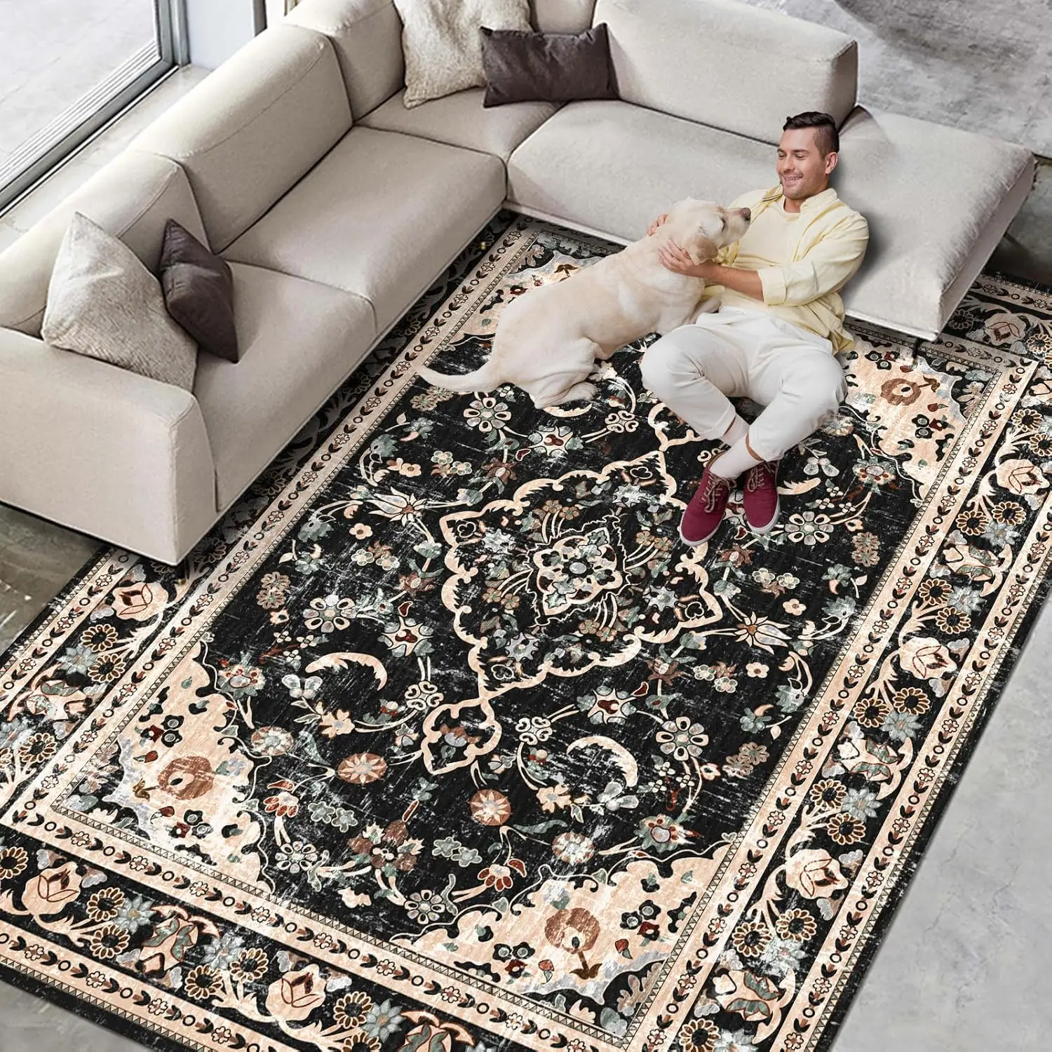 Washable Area Rugs Boho Vintage Modern Neutral Large Carpet Black and Brown High Traffic Rugs Dinning Room Living Room Bedroom