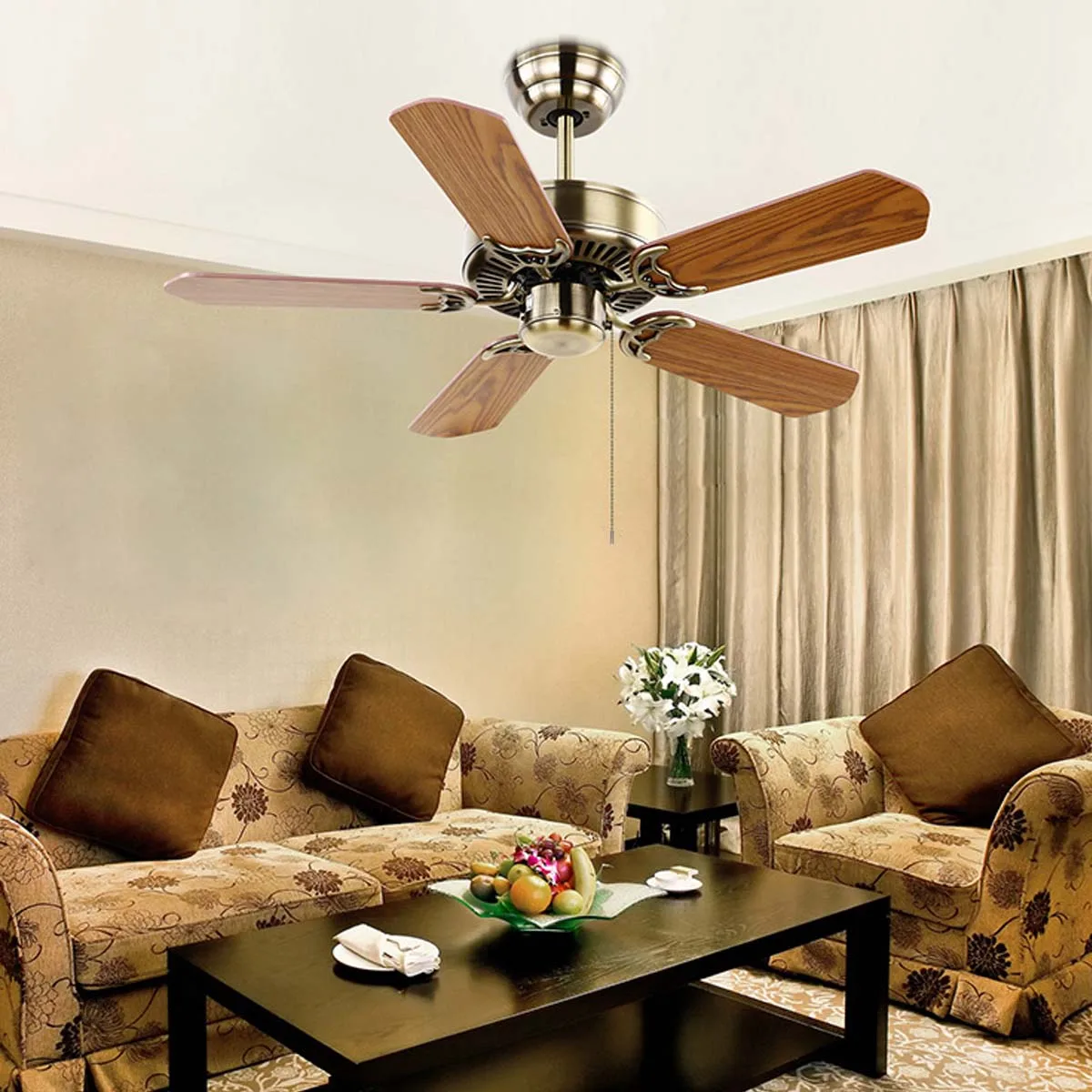 Ventilador de techo con cadena de tracción, interruptor de luz de pared, soporte de cuerda, color plateado