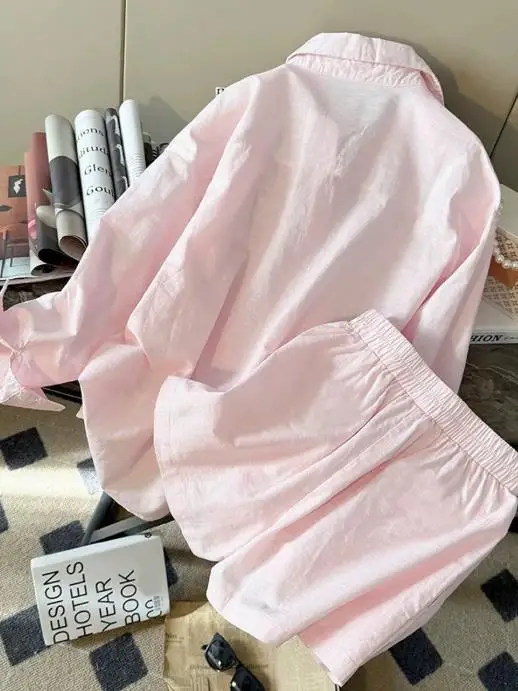 

Two Piece Set Women Outfit 2025 Spring Autumn New Solid Color Turn-Down Collar Long Sleeved Shirt & High Waist Casual Shorts Set