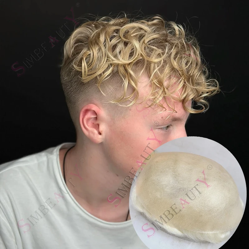 

European 613# Blonde 26mm Curly 0.06mm Super Thin PU Natural Hairline Undetectable Men's Toupee Grey Human Hair Vloop Prosthesis