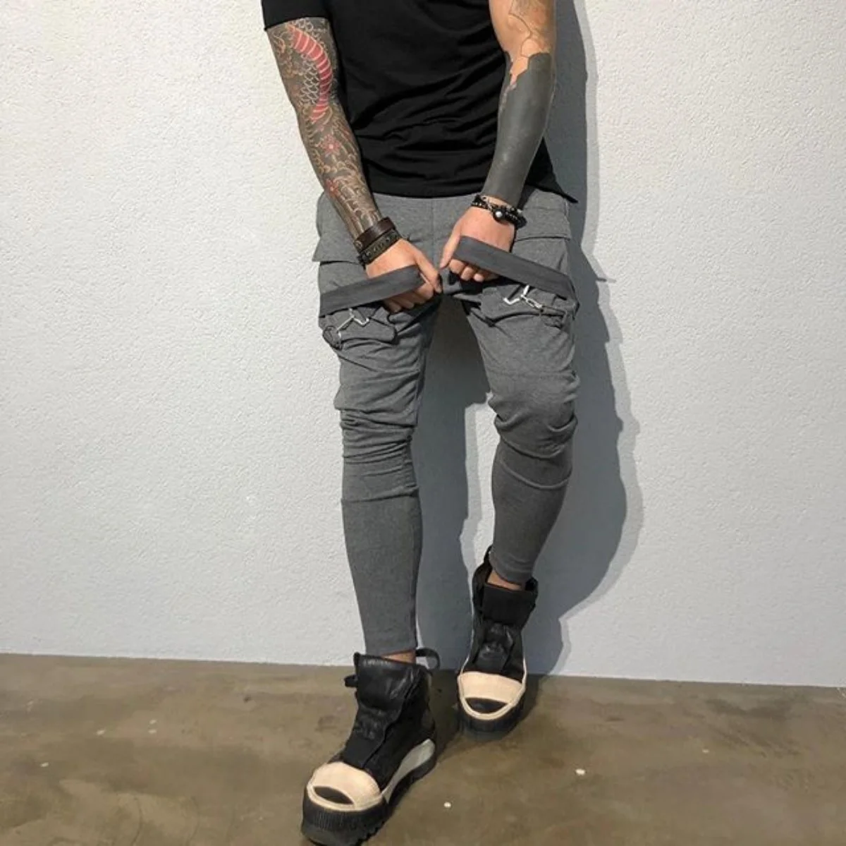 Men's spring and fall fashion casual hip hop sweatpants solid color multi-pocket men's overalls