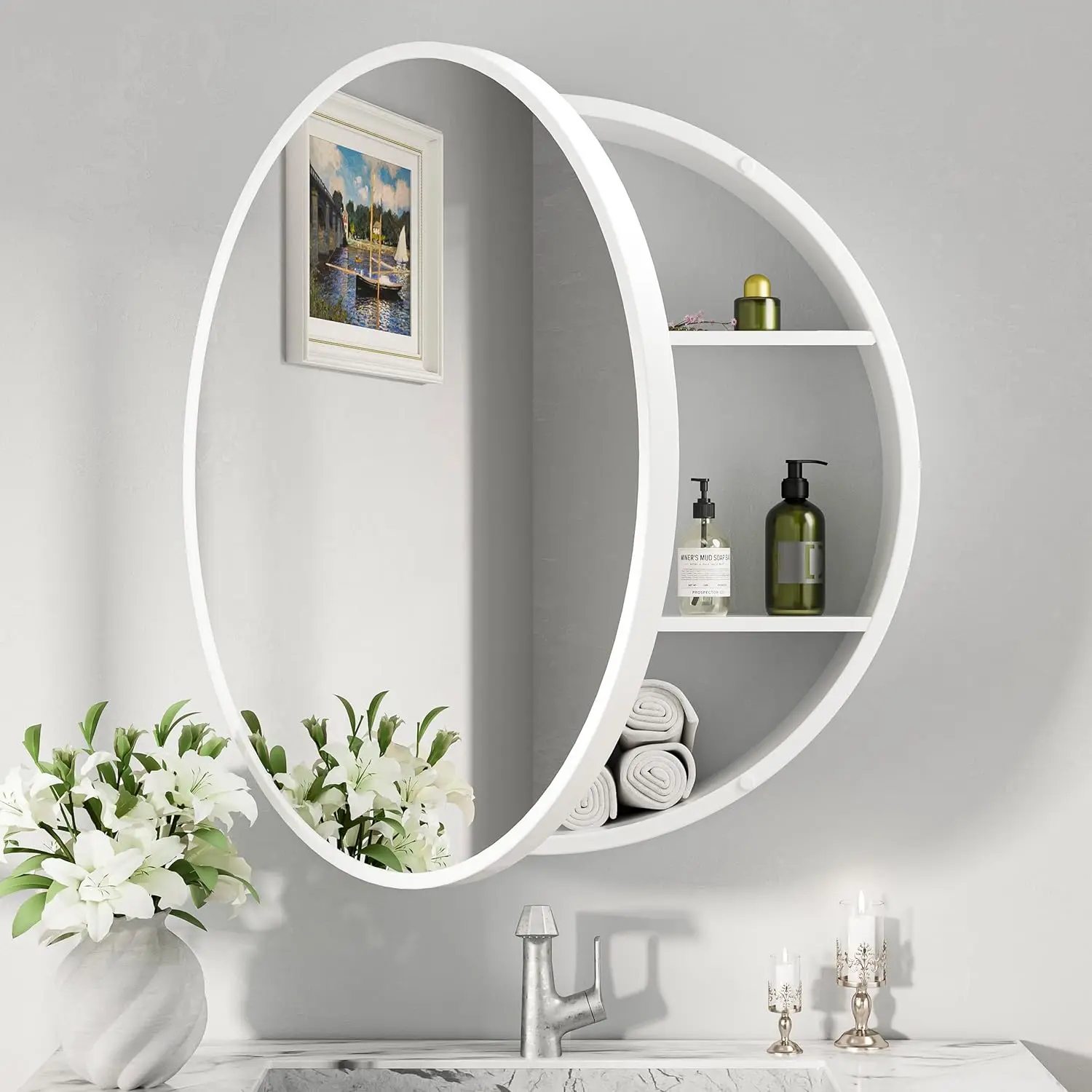 26 Inch White Medicine Cabinets Mirror for Bathroom Farmhouse Medicine Cabinet Circular Surface Mount Medicine Cabinet Only