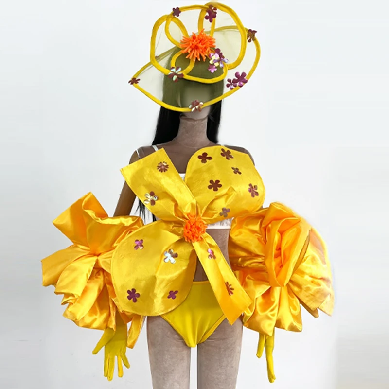 Bar Nightclub DS DJ Pole Dance Clothing Yellow Flower Festival Outfit Women Gogo Dancer Costume Stage Rave Clothes XS10013
