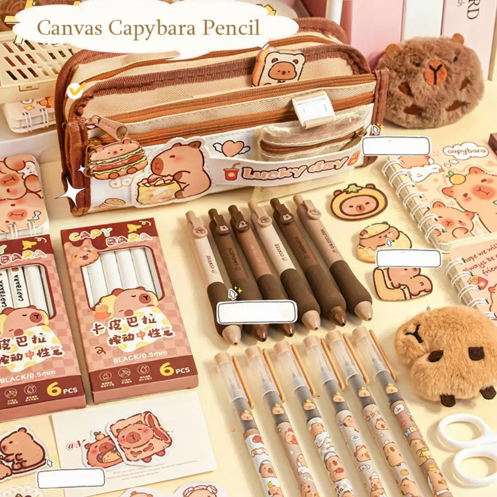New Canvas Capybara Pencil Case Large Capacity with Mesh Coin Bag Pencil Box Portable Lightweight Pen Bag