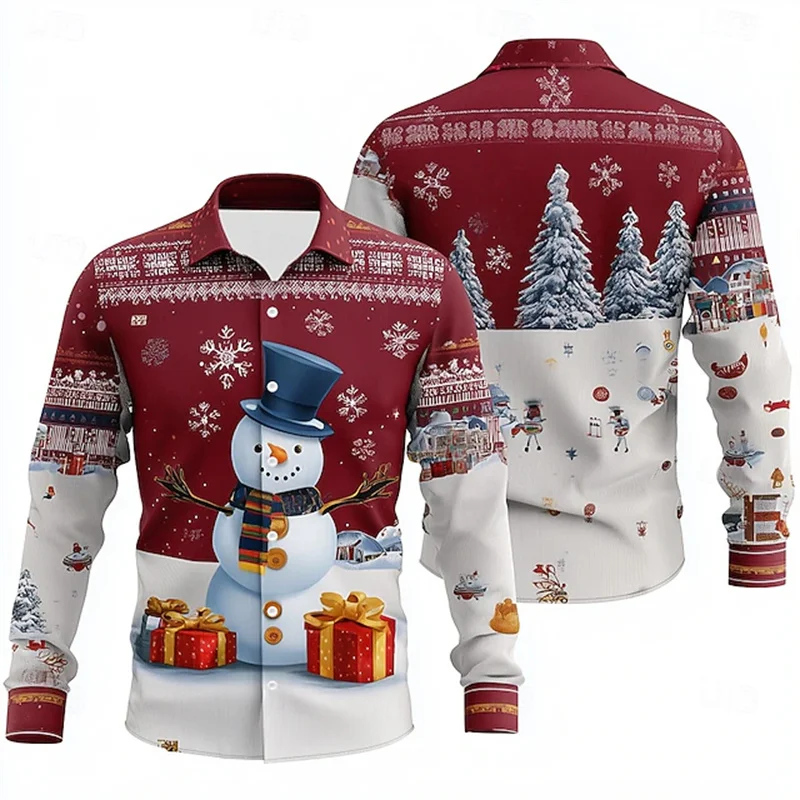 Christmas Men's Snowman Snowflake Shirt Button Long Sleeve Fun Outdoor Festival Autumn Winter Lapel 3D Printed Shirt Red