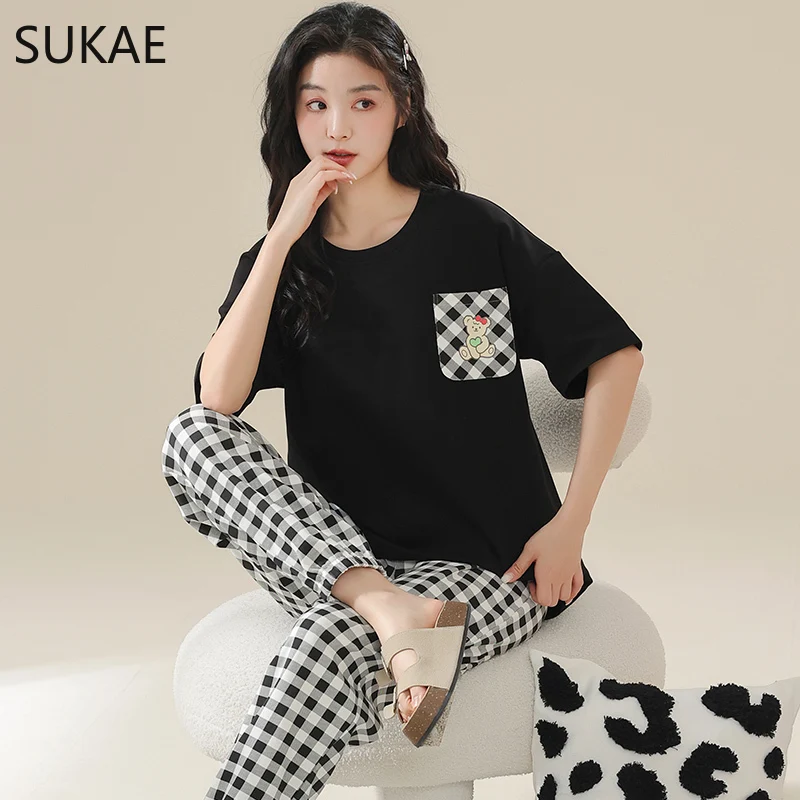 SUKAE Cotton Women\'s Pajama Short Sleeves Nightwear Summer Women Pajamas Set Plus Size M-5XL Sleepwear Korean Pijamas for Girl