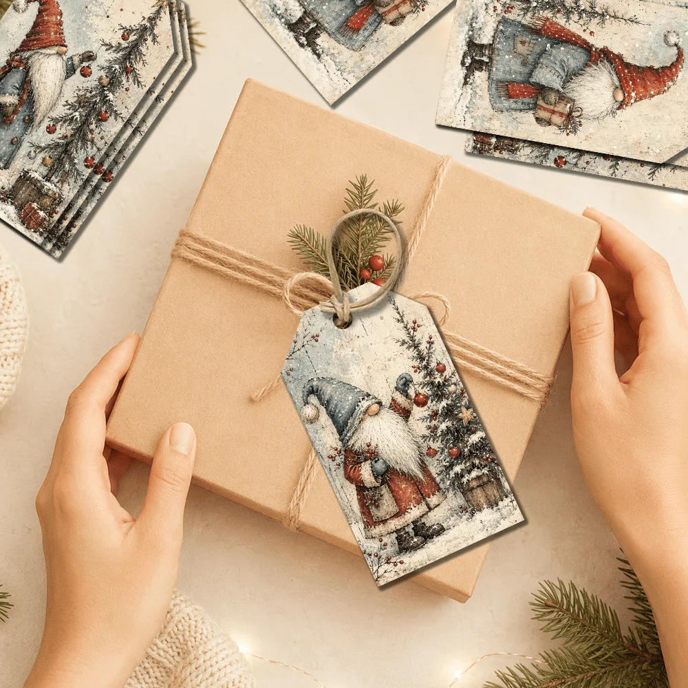 40pcs, Gift Tags, Vintage Gnome Snowman Scene, Hanging Paper Labels for Gift Wrapping, Holiday Party Decor with String
