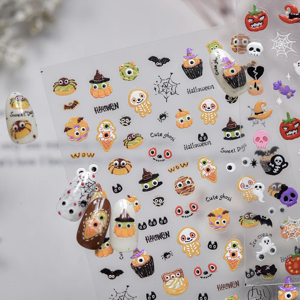 Halloween Dessert Thema Kawaii Nail Art Aufkleber Entzückende Geister Jack-O-Lanterns Spinnen Kekse Eis Süße Maniküre Aufkleber